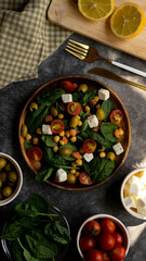 spinach salad with chickpeas, tomatoes, salmon, cheese, olives