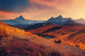 Zelfklevend Fotobehang Herfst berglandschap, oranje rotsachtig oppervlak onder blauwe lucht met wolken. © Zaleman