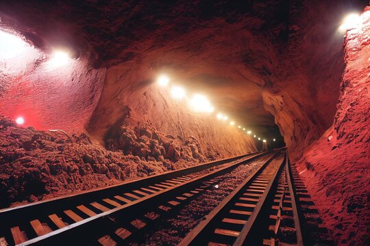 Underground tunnel, cave lights and wooden rails.