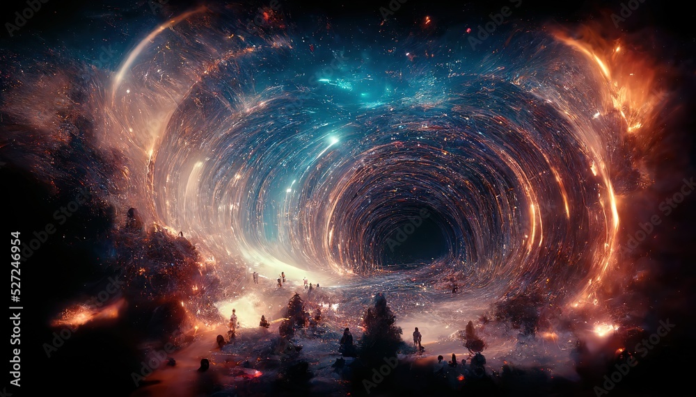 Aufkleber portal in the universe with a fiery glow around. contours of dark trees