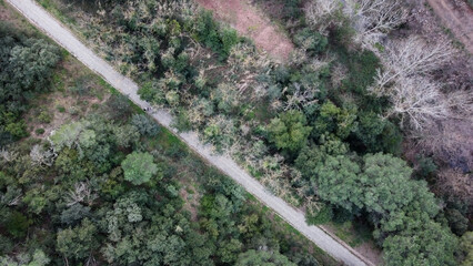 aerial view of a path in the middle of the mountain