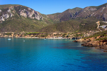Sardegna, veduta della spiaggia e della costa di Masua, vicino a Iglesias, in Italia, Europa 