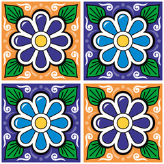 Floral vibrant tiles design, seamless background inspired by folk art from Mexico
