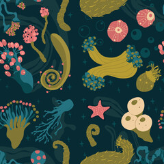 Obraz na płótnie Canvas Marine seamless pattern with underwater animals, plants, ocean fish