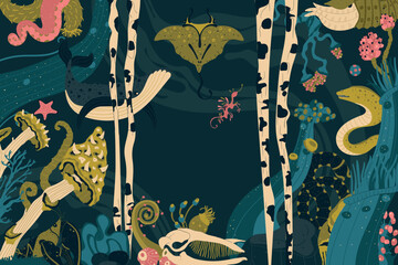 Sea posters with underwater animals, plants, fishes, ocean coral reef