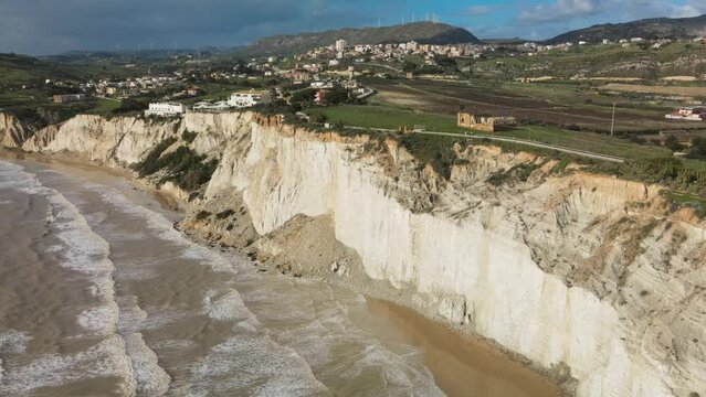 Aerial drone viewpoint on Stair of the Turks. Scala dei Turchi is a rocky cliff on the southern coast of Sicily, Italy