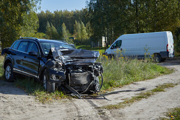 Car accident: Car after collision with truck