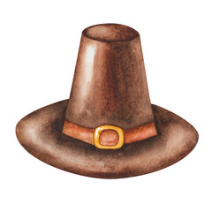 Watercolor illustration of hand painted brown pilgrim hat with golden buckle. Traditional american hat for men. Retro style male headwear. Thanksgiving hat. Isolated clip art for postcards, posters - obrazy, fototapety, plakaty