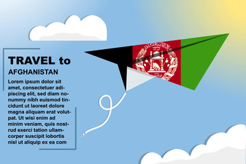 Afghanistan travel vector banner with paper flag and text space, flag on paper plane, holiday and vacation concept