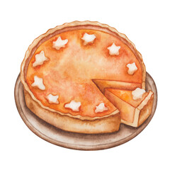 Watercolor illustration of hand painted baked orange pie from pumpkin with white cream, meringue. Home made pastry. Thanksgiving traditional cake. Isolated food clip art for menus, postcards, posters