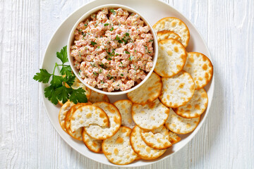 classic ham salad with crackers on white plate