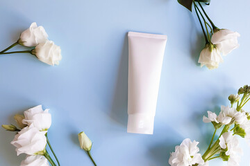 Mockup white squeeze bottle cosmetic tube, matthiola and lisianthus flowers on blue background....