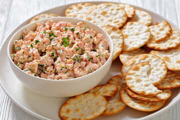 classic ham salad with crackers on white plate