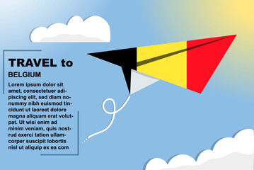 Belgium travel vector banner with paper flag and text space, flag on paper plane, holiday and vacation concept