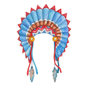 Watercolor illustration of hand painted indian headdress with birds feathers in blue, red, brown, yellow collors. Traditional native Americans headwear. Isolated clip art for Thanksgiving poster, card