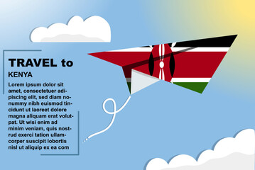 Kenya travel vector banner with paper flag and text space, flag on paper plane, holiday and vacation concept