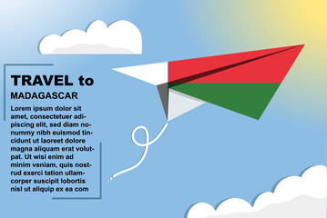 Madagascar travel vector banner with paper flag and text space, flag on paper plane, holiday and vacation concept
