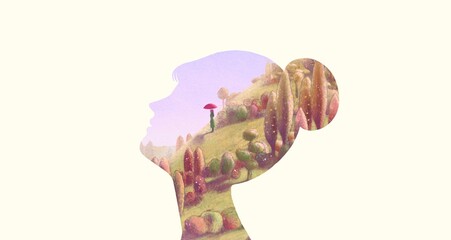 Nature landscape in a woman face. portrait of lady. surreal painting. Concept idea art of freedom, life, and dream. Conceptual illustration. painting artwork.