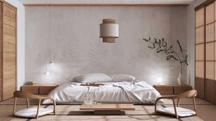 Japandi bedroom in white and beige tones, japanese style. Double bed, tatami mats, armchairs, meditation zen space. Minimalist interior design © ArchiVIZ