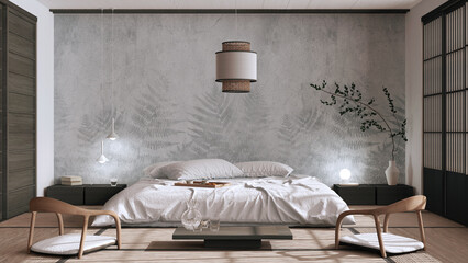 Japandi bedroom in white and dark tones, japanese style. Double bed, tatami mats, armchairs, meditation zen space. Minimalist interior design