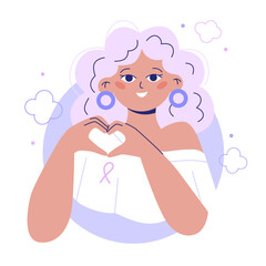 Breast Cancer woman character. Woman with pink ribbon takes care of herself.