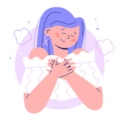 Breast Cancer woman character. Woman with pink ribbon takes care of herself.