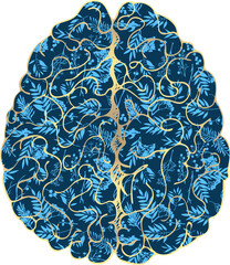 Porcelain brain decorated blue plant pattern decorated golden craquelure in kintsugi art style. Modern upcycling eco trend. Good fashion fabric design, scrapbooking sticker