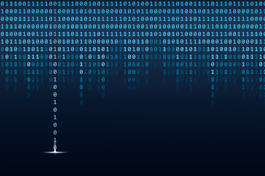 Binary Code abstract technology. Wallpaper of binay data falling from top in one column with light. Dark blue futuristic cyberspace.