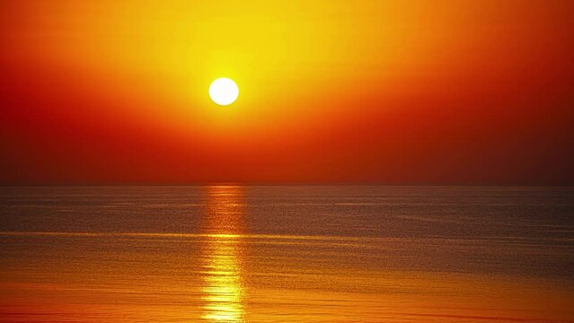 Time lapse shot of orange sun ball going down at horizon of ocean - Golden sunset at sea