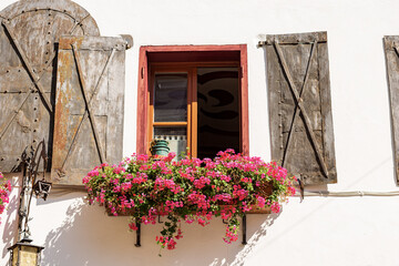 Close-up of an ancient window with metal shutters and red geranium flowers. Small village of Malborghetto-Valbruna in Val Canale, Udine province, Friuli-Venezia Giulia, Italy, Europe.