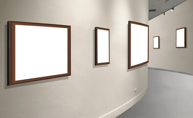 Transparent picture frames on white wall in curved corridor area inside of art gallery, png file