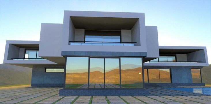 Reflection of the mountain landscape in big panoramic windows of the contemporary design house with the massive concrete paving stones around. 3d render.