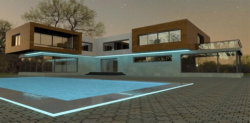 Night LED illumination of a suburban advanced house. The pool is also illuminated with turquoise light. Wonderful starry sky. 3d render.