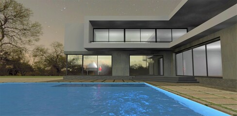 Pool with blue water in the courtyard of an advanced minimalist house under the night starry sky. Lights are on in the building. The girl plays the white piano. 3d render.