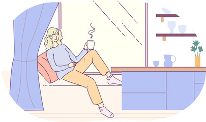 Obraz premium Thoughtful young woman sitting with cup of tea or coffee. Beautiful girl sitting on windowsill, looking through window and drinking hot aroma drink. Woman relaxing at home hand drawn style vector
