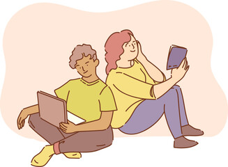 Students working with laptop computer and reading book. Guy and girl sitting on floor studying, reading, preparing for exam or communicating. Knowledge and education hand drawn style vector