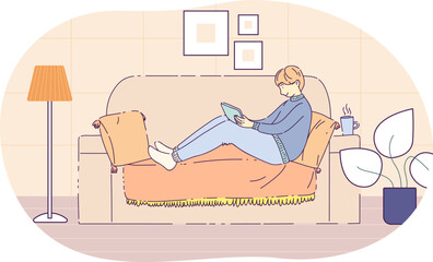 Cheerful guy sitting on couch holding tablet Pc. Relaxed person surfing on internet, resting, chatting online at home. Teenage boy watching at electronic device hand drawn style vector
