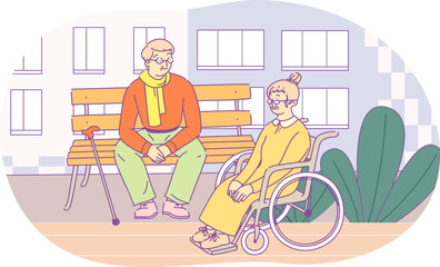 Disabled man and woman walking and communicating outdoors. Man with walking cane sitting on bench. Handicapped elderly woman in wheelchair. Recreation and leisure retiree activities hand drawn vector