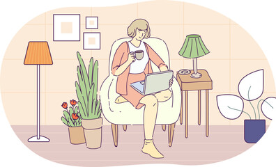 Woman sitting in comfy armchair with with coffee and laptop computer. Middle aged woman in comfy home clothes relaxing at home with electronic device. Person resting, chatting online hand drawn