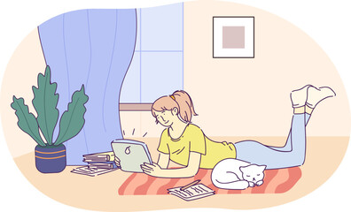 Girl lying on floor and working with tablet Pc. Girl student studying remotely using digital device and books. Schoolgirl learning lessons or doing homework at home hand drawn style vector