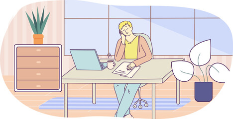 Man sitting at desk, working with laptop and talking on phone. Young man sitting at workplace at home, office interior, communicating and working. Freelance, distance education hand drawn style vector