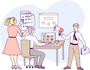 Business team working together, brainstorming and planning schedule. Boss with loudspeaker shouting at colleagues to increase productivity. Time management and business deadline hand drawn vector
