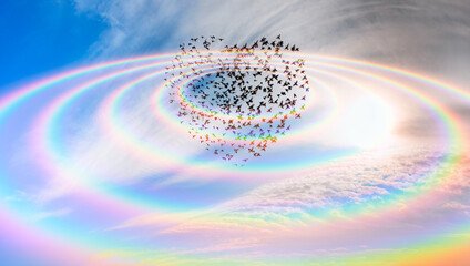 Silhouette of birds (Heart of shape) flying above amazing round shape rainbow