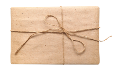 Craft brown present box with vintage rope bow, isolated transparent png