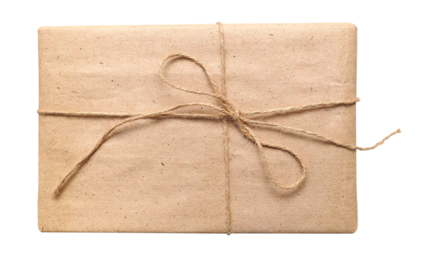 Craft brown present box with vintage rope bow, isolated transparent png