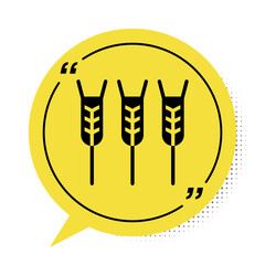 Black Cereals set with rice, wheat, corn, oats, rye, barley icon isolated on white background. Ears of wheat bread symbols. Yellow speech bubble symbol. Vector