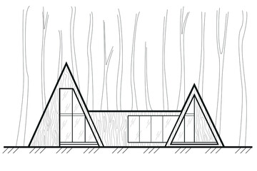 Linear architectural front sketch residental building - scandinavian style forest cottage on white background