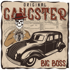 a gangster's skeleton with a hat, standing behind the car, t-shirt design