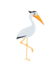 Print. Cute cartoon heron. Cartoon stork. The heron stands on one leg

