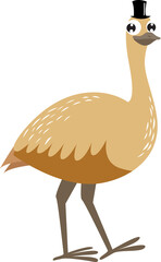 Cute ostrich. Emu. The ostrich is coming. Australian animal. African bird. Funny cartoon ostrich in a hat. Cartoon character.